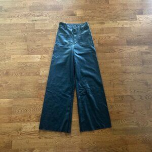 ZARA Marine Faux Leather Women Pants 0 Black High Rise Pockets Wide Straight Leg